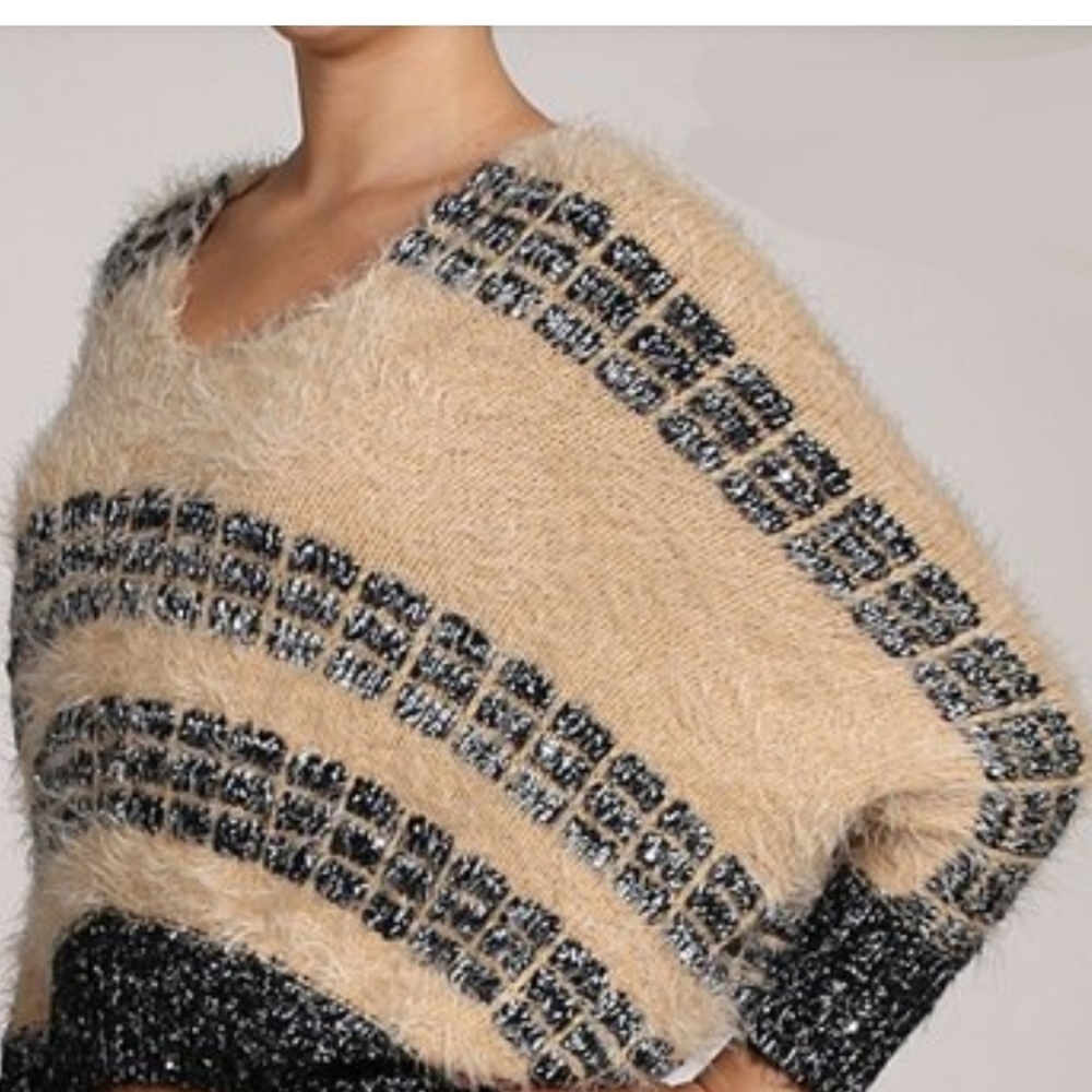 Lumiere Beige & black ultra soft fuzzy sequin  dolman sweater Size S